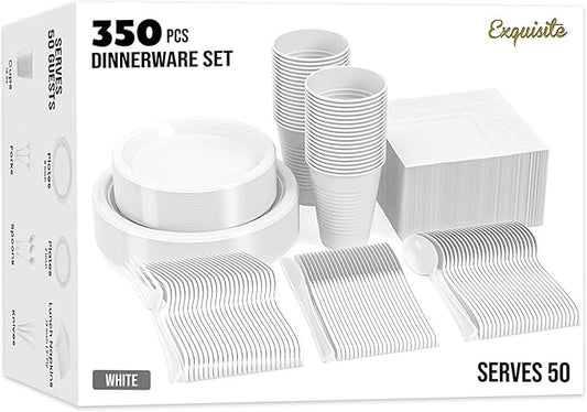 Party Solids 350 Pieces White Plastic Plates For Party, White Disposable Plates Set, 50 Of Each 9" Dinner Plate Set, 7" Dessert Plate, Cups, Napkins & Cutlery Plastic Dinnerware Set
