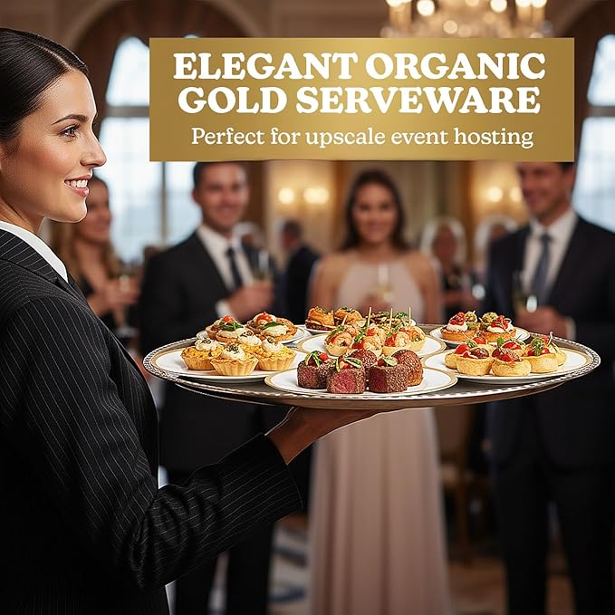 Blue Sky Organic Tray Gold Rim (2 ct) - 14" Round White Plastic Disposable Serveware with Elegant Gold Trim - Perfect for Parties and Events