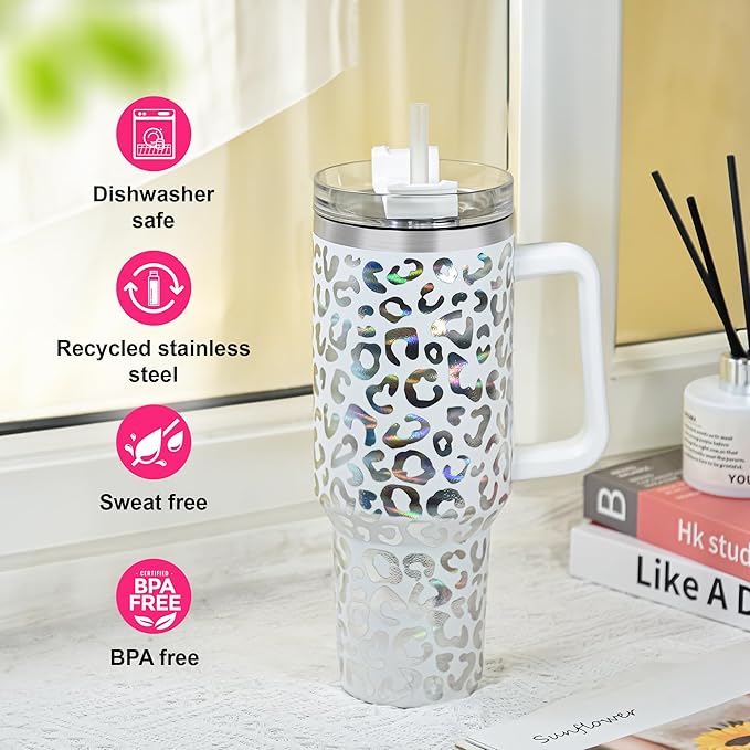 40 oz Tumbler with Handle and Straw, 100% Leak-Proof Travel Mug, Stainless Steel Double Wall Vacuum Insulated Coffee Cup Keeps Cold For 34 Hours, Dishwasher Safe, Hot Pink Leopard