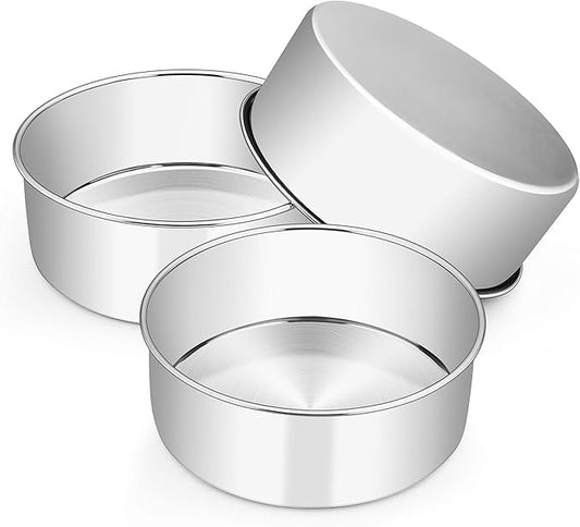 E-far Cake Pans Set of 3, 8 x 3 Inch Stainless Steel Round Cake Baking Pans, Deep Metal Cake Tins for Wedding Birthday, Non-toxic & Dishwasher Safe, Mirror Finish & Straight Side