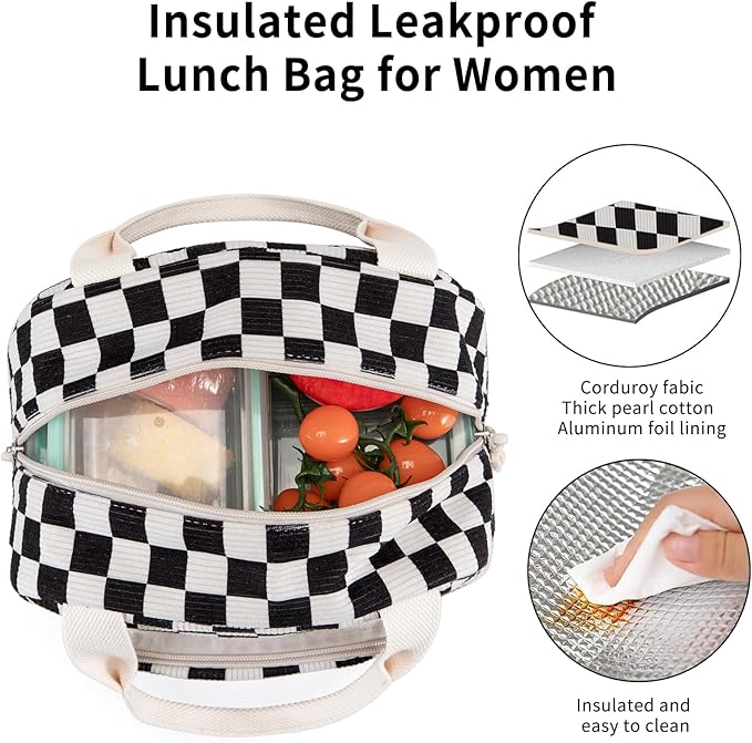 Lunch Bag Women Lunch Box for Women Adult Cute Insulated Lunch Bag Small Cooler Lunch Tote Bags for Work Picnic Travel (Black-White Plaid)
