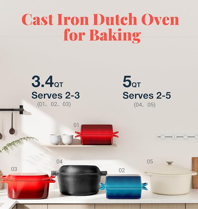 2 IN 1 Cast Iron Bread Loaf Pan with Lid, 3.4QT 9x5 Inch Dutch Oven for Bread Baking, Even Heating Bread Oven, Enameled Bread Pan for Homemade Sourdough Bread Baking & Versatile Cooking, Purple