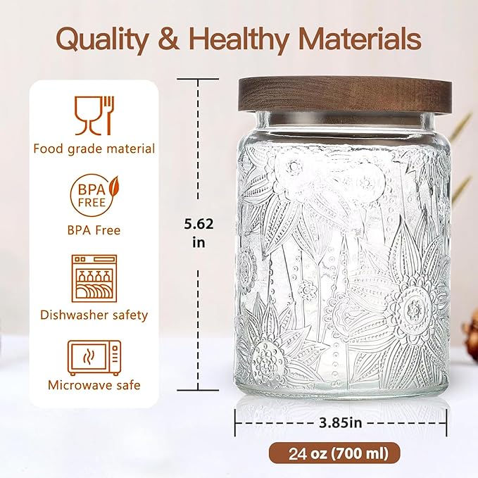 24 OZ Airtight Glass Storage Jar with Bamboo Lid - Vintage Glass Jar Vintage Food Containers Canisters Set for Kitchen Counter & Pantry - Ideal for Sugar, Flour, Coffee, Tea, Candy, Oats -6 Pack