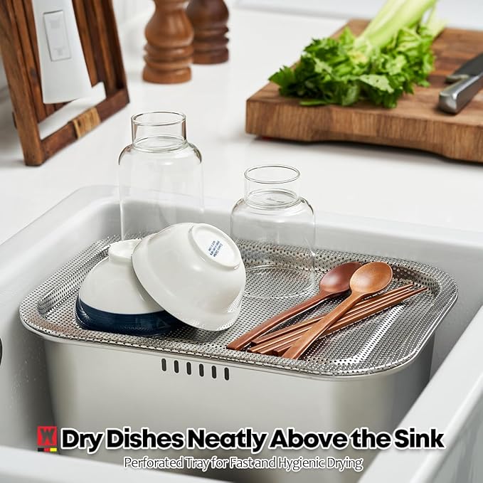 Stainless Steel Colander Tray for Washing-Up Bowl, Multipurpose Rinse Strainer & Dish Drying Rack, Perforated Sink Lid for Vegetables & Fruits (Colander Lid)