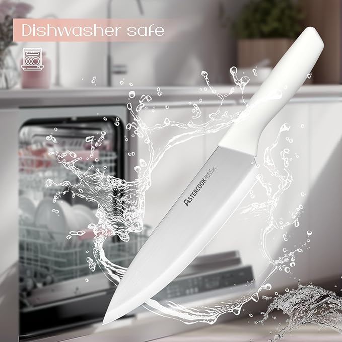 Astercook Knife Set for Kitchen 15 Piece with Block and Sharpener Kitchen Knives with Ceramic Coating Sharp Blade Dishwasher Safe Deba Knives with Anti-slip Ergonomic Handle, Elegant White