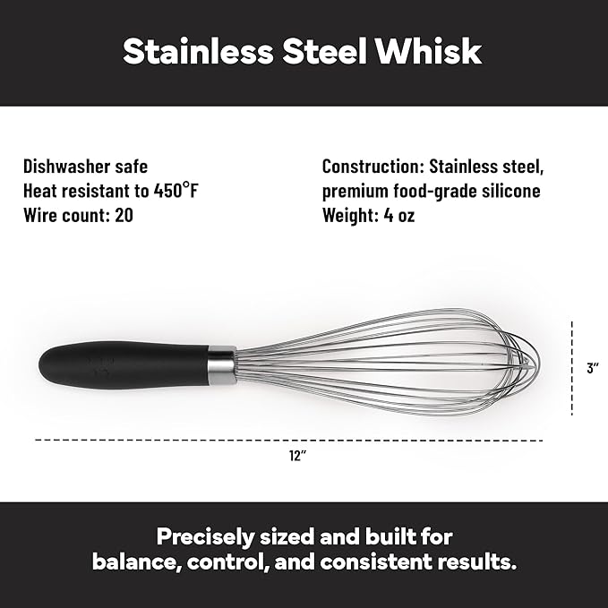 Misen Stainless Steel Balloon Whisk - Dishwasher Safe - Ergonomic Silicone Grip, Versatile Cooking Whisk for Eggs, Durable Construction - Professional-Grade Kitchen Tool - Black