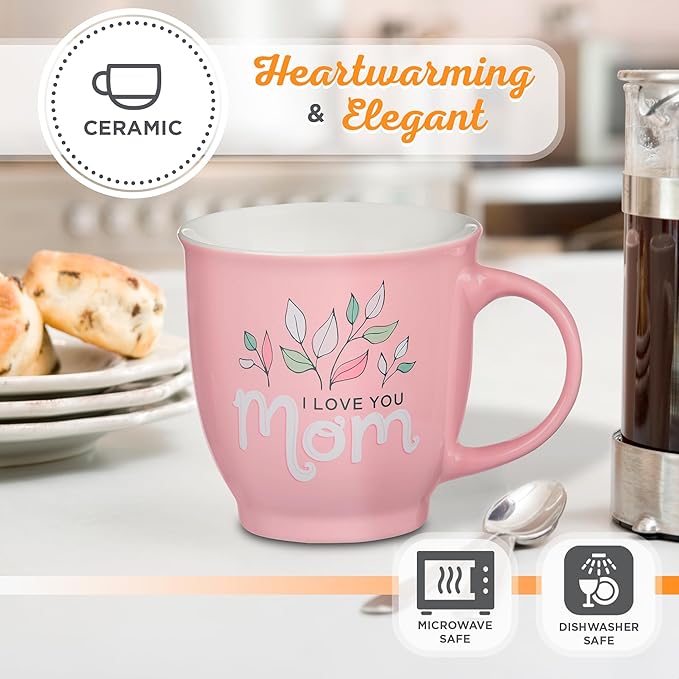 Christian Art Gifts Large Ceramic Inspirational Scripture Coffee & Tea Mug for Mothers: I Love You Mom, Microwave/Dishwasher Safe, Cute Encouraging Drinkware Cup for Women, White/Pink Floral, 14 oz.