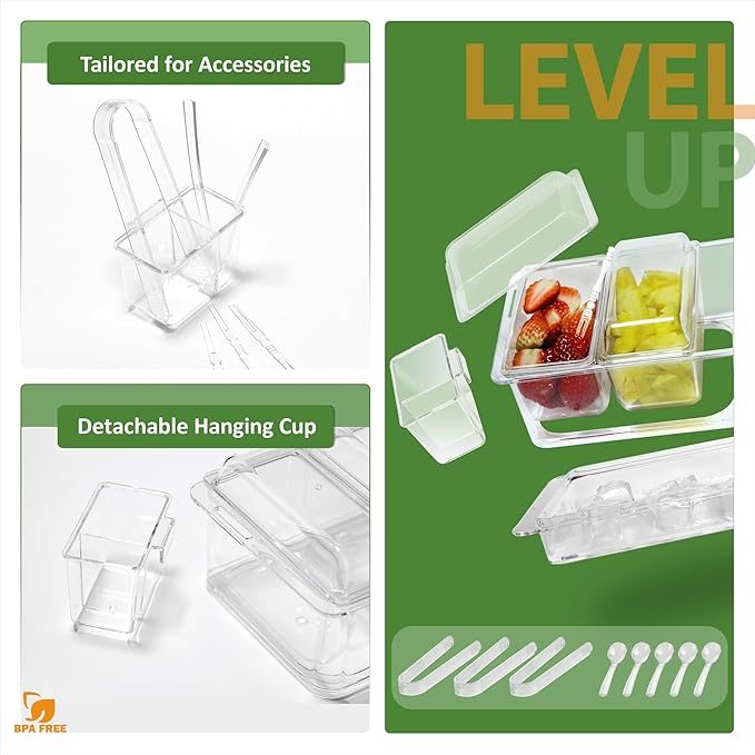 IVYHOME Chilled Condiment Server, Taco Bar Serving Set, Versatile Ice Containers, with 5 Lidded Containers and Detachable Ice Storage Layer, 2 Hanging Cups for Storing Tong and Forks