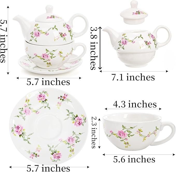 Coloch Tea for One Set, Porcelain Teapot Cup and Saucer Set with Tassel Vintage Floral Ceramic Tea Set for One for Women, Home, Office, Afternoon Tea, Rattan Flower Design