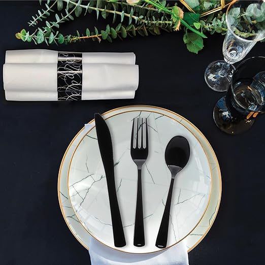 Party Essentials Pre-Rolled Disposable Extra Heavy Duty Plastic Cutlery Kit with Black Fork/Knife/Spoon and 3-Ply White Napkin (Case of 100 rolls)