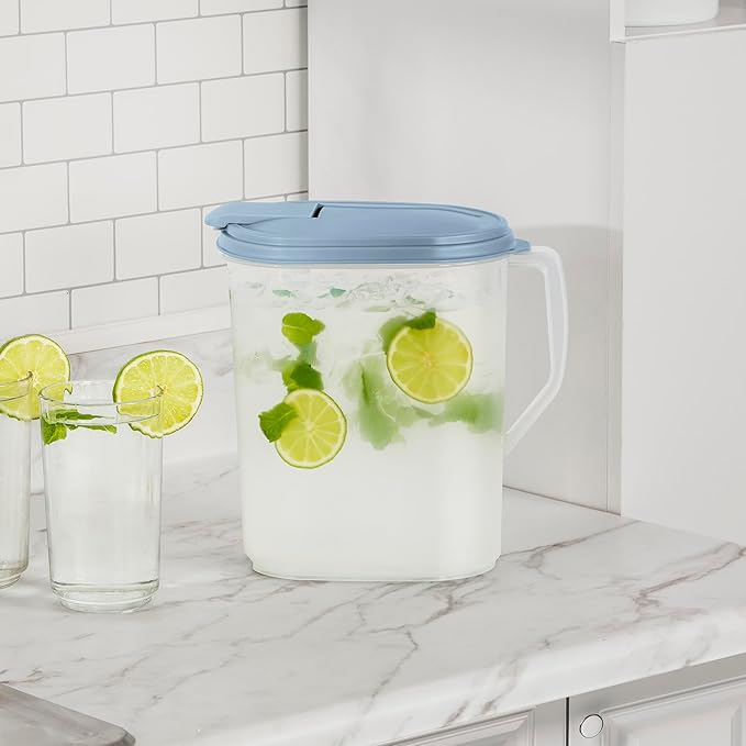 Sterilite 6 Pack 1 Gallon Clear Plastic Pitcher, Dishwasher Proof with Blue Lid, Spout, and Handle for Easy Pouring, Washed Blue