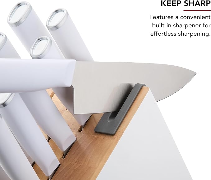 KitchenAid Classic Slim Knife Block Set with Built-In Knife Sharpener, High Carbon Stainless Steel Kitchen Knives, Sharp Kitchen Knife Set with Block, 14-Piece, White