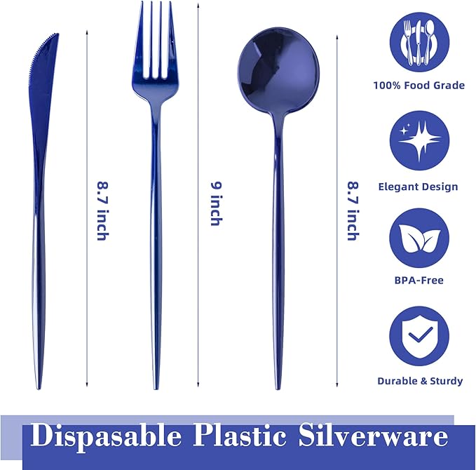 180PCS Blue Plastic Silverware,Heavy Duty Disposable Utensils Include 60 Forks,60 Spoons and 60 Knives,Blue Cutlery Plastic Silverware Sets for Party, Wedding or Daily Using