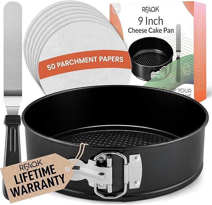 RFAQK Non-Stick 9 Inch Springform Pan - Spring form Pan for Cheesecake with Removable Bottom, Bonus Icing Spatula with 10 Pcs Parchment Paper & Recipe E-Book - Ideal for Baking Cakes, Pizzas, & More!