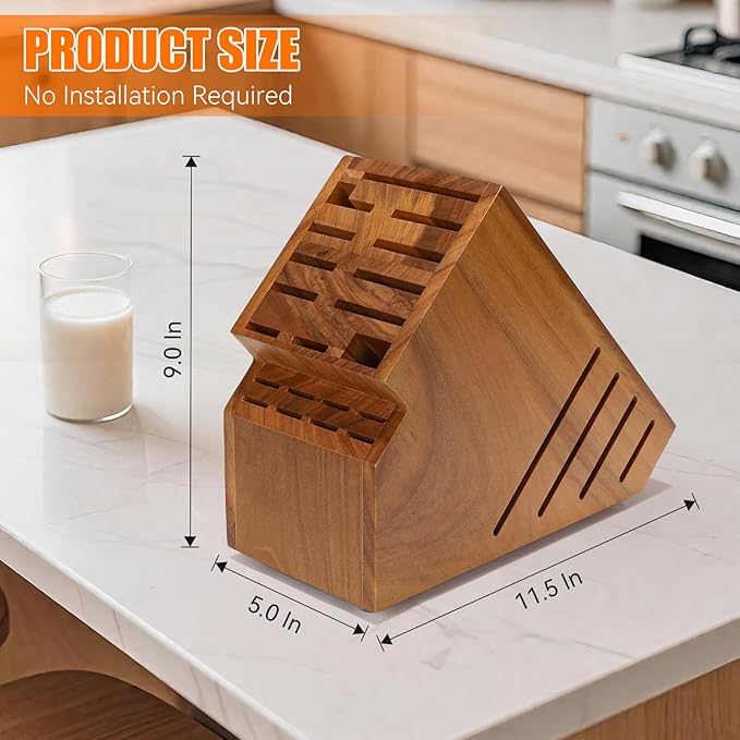 Teak Wood Knife Block Holder without Knives, 20 Slot Large Universal Wooden Knife Block Organizer with Wide Slots and Secure Stand, Countertop Butcher Block for Kitchen Storage