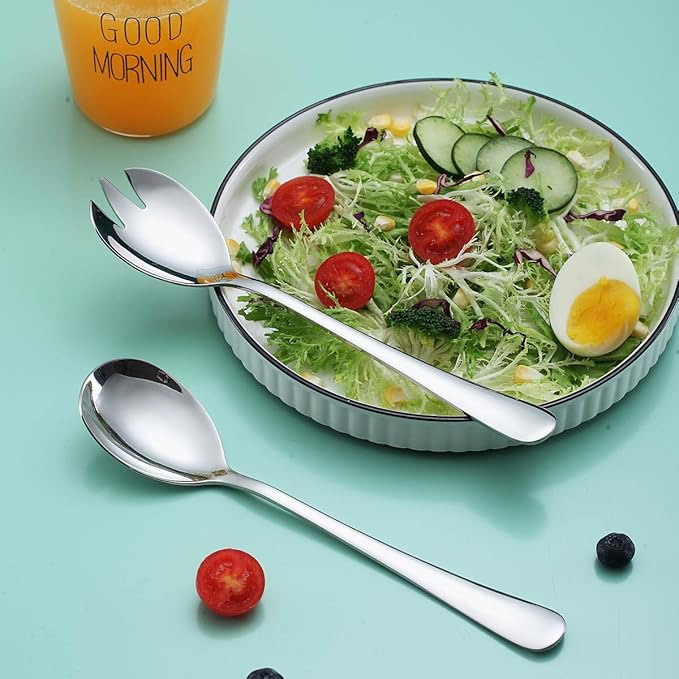 Salad Server Set, Berglander Stainless Steel Salad Serving Set, Salad Servers, Salad Spoon, Salad Fork, Pack of 2 (Shiny Silver)