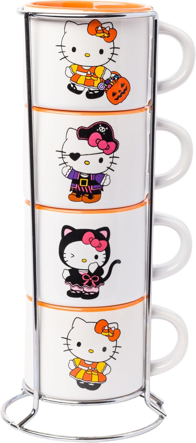 Silver Buffalo Sanrio Hello Kitty Halloween Themed 4 pack Ceramic Espresso Set with Storage Rack, 3 Ounces
