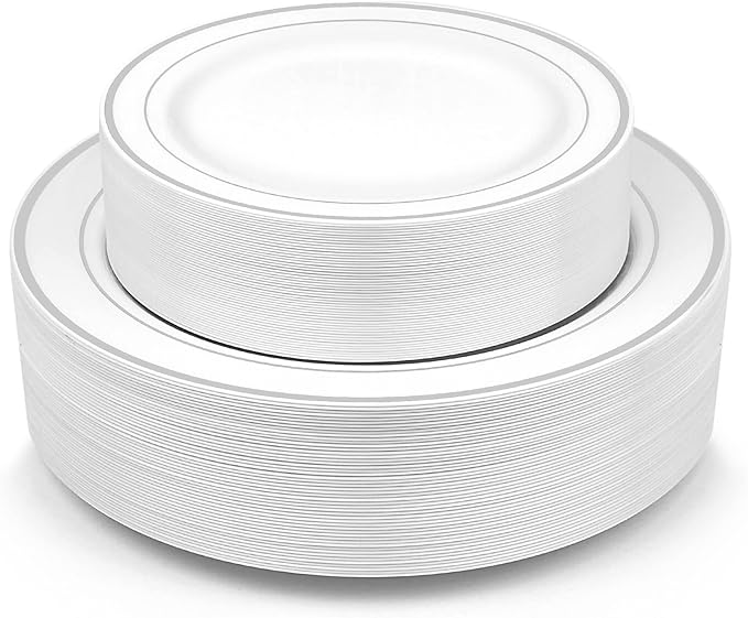 Silver Plastic Plates, MCIRCO 100 Pcs Disposable Party Plates for Weddings, Premium Silver Rim Plates, Include 50 10.25 Inch Dinner Plates and 50 7.5 Inch Dessert Appetizer Plates