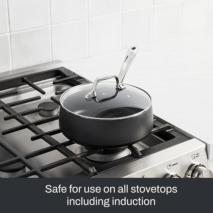 All-Clad HA1 Expert Hard Anodized Nonstick 2.5 Qt Saucepan with Lid, Stay-Cool Ergonomic Handle, Dishwasher-Safe, Oven-Safe Up to 350°F, Induction Compatible with All Cooktops, Cookware Pot, Black