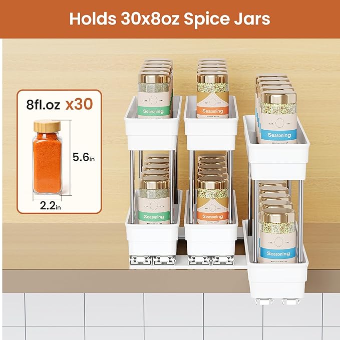 Pull Out Spice Rack Organizer for Cabinet, Slide Out Spice Racks Organizer, Easy to Install Spice Cabinet Organizers, 2.3''Wx10.66''Dx8.11''H, 3 Packs-2 Tiers (White)