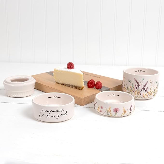 Pavilion Gift Company - The Lord - 6-inch Stackable Ceramic Kitchen Measuring Cup - ¼, ⅓, ½, 1 Cup, Rustic, Kitchen Summer Decor, Mason Jar Measuring Cup, 1 Count, Cream