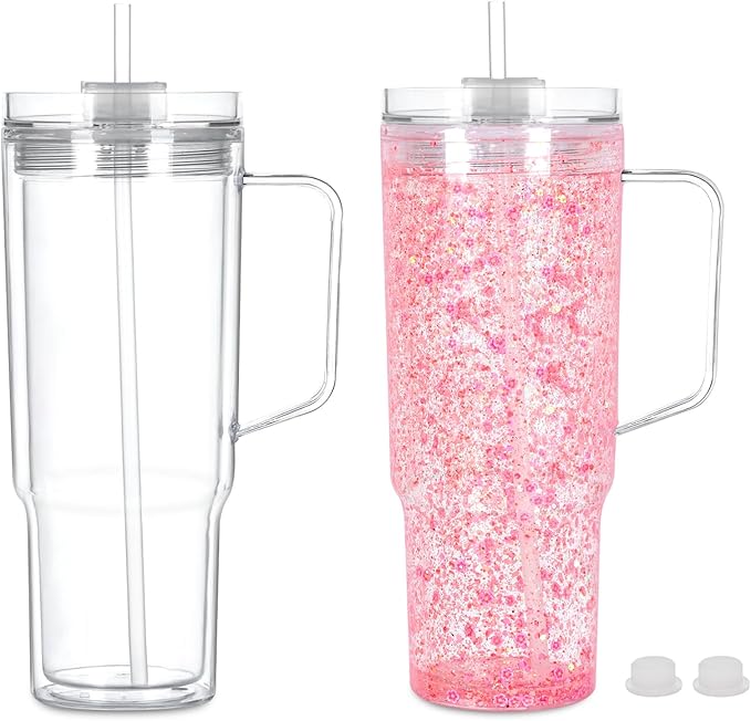 40 Oz Acrylic Snowglobe Tumbler with Handle, 2 Pack Pre-Drilled Double Wall Acrylic Clear Cup Tumbler for Glitter Snow Globe Diy