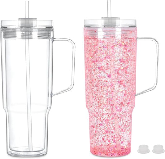 40 Oz Acrylic Snowglobe Tumbler with Handle, 2 Pack Pre-Drilled Double Wall Acrylic Clear Cup Tumbler for Glitter Snow Globe Diy