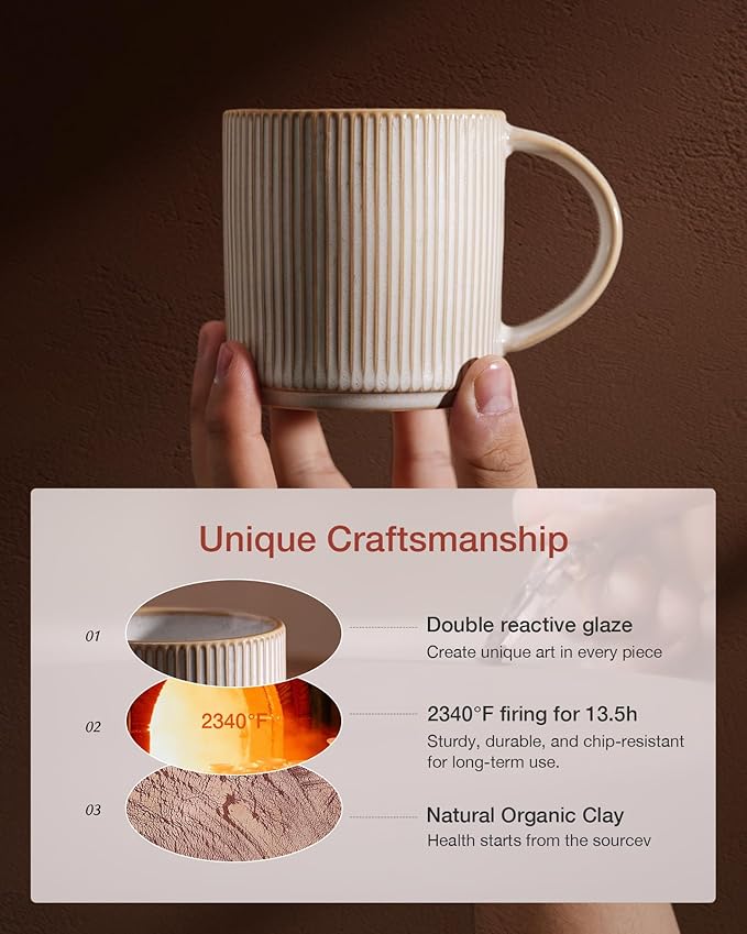 famiware Coffee Mug Set for 6, Star 12 oz Catering Mugs Cup Set with Handle for Coffee, Tea, Cocoa, Milk - Ceramic Stoneware Drinkware Set, Cappuccino White (Pack of 2)