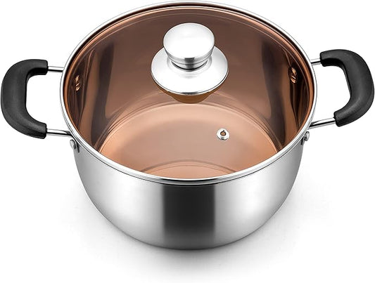 E-far 6 Quart Stock Pot, Stainless Steel Metal Soup Pot with Glass Lid for Cooking, Healthy & Rust Free, Heavy Duty & Dishwasher Safe