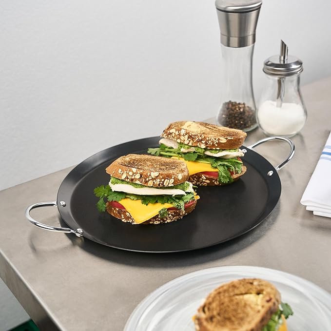 Restaurantware-Met Lux 11.06 Inch Round Griddles With Double Handles, 10 No-Stick Flat Top Grills - Compatible With Open Fire And Gas, Durable, Black Carbon Steel Griddle Pans, Even-Heating