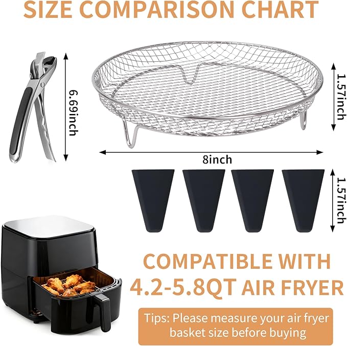 Air Fryer Racks, Cooling Racks for Cooking and Baking 8 inch,Round Stackable Rack with Spare Clip and Silicone Feet, Stainless Steel Kitchen Household, Fit all 4.2QT - 5.8QT Air Fryer