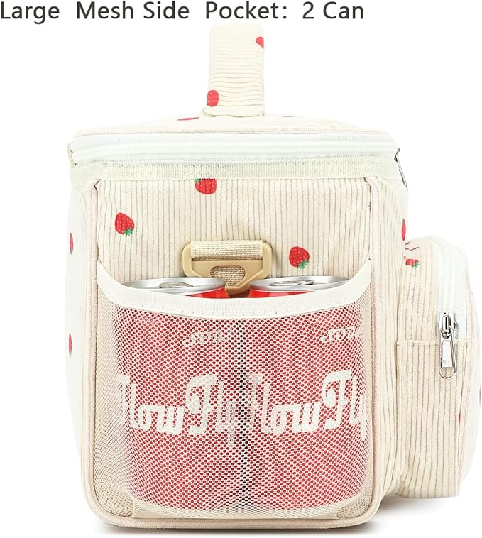 FlowFly Insulated Reusable Lunch Bag Adult Large Lunch Box for Women and Men with Adjustable Shoulder Strap,Front Zipper Pocket and Dual Large Mesh Side Pockets, Corduroy Strawberries Beige