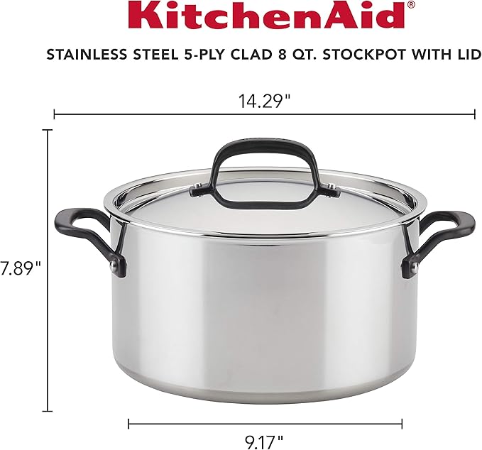 KitchenAid 5-Ply Clad Polished Stainless Steel Stock Pot/Stockpot with Lid, 8 Quart