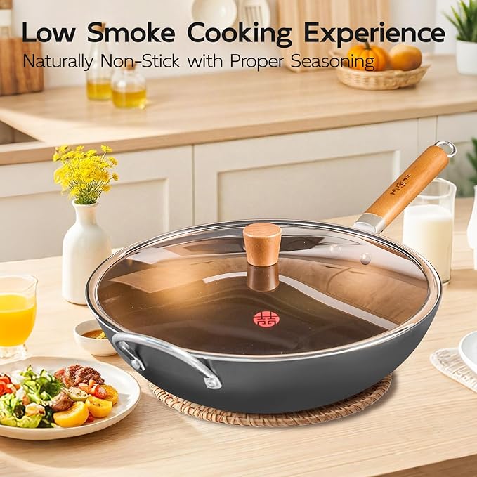 WANGYUANJI 14.2" Heavy Duty Carbon Steel Wok (Seasoning Required), Extra Large Refined Iron Stir Fry Pan for 4-6 People, Uncoated Flat Bottom Induction Wok