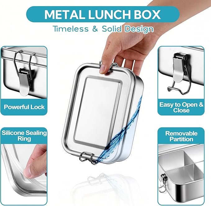 E-far Stainless Steel Bento Box, 28oz Metal Lunch Bento Box w/Leak Proof Lid, 850ml Small Food Container w/Removable Divider & Bag, Reusable 3-Compartment Bento Lunch Container for Camping Picnic