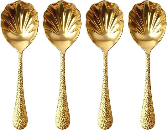 4Pack Serving Spoons 18/10 Stainless Steel Large Serving Spoons Set, Hammered Long Handle Serving Spoons for Buffet, Scalloped Design Serving Utensils for Kitchen Party Buffet Banquet (Gold)