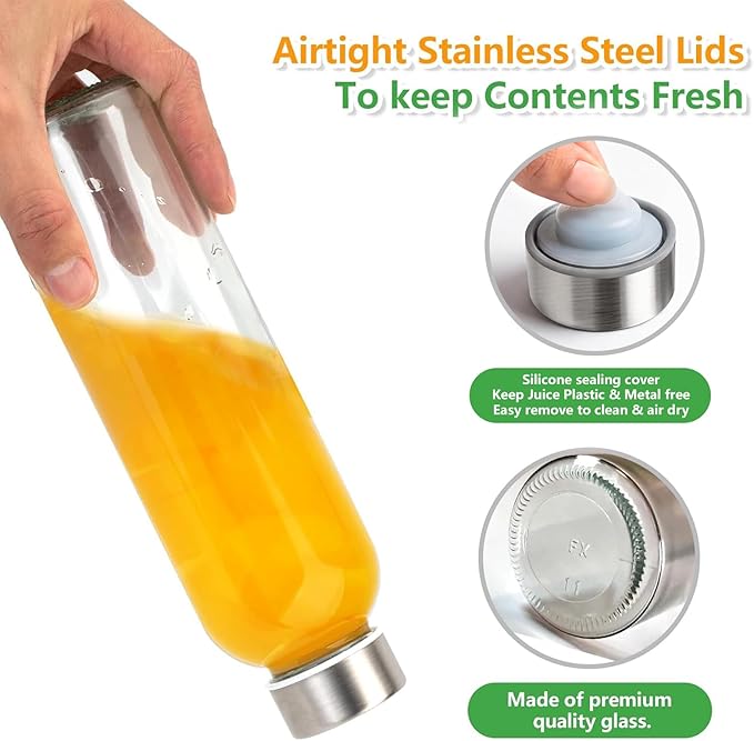 Zukro Glass Juice Bottles with Lids for Juicing 18 oz, Reusable Clear Glass Water Bottles with Stainless Steel Airtight Cap for Refrigerator, 100% Leak Proof Drinking Jar, BPA Free, Set of 6