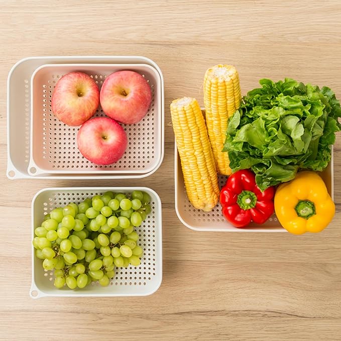 3pcs Fruits & Vegetable Colander Set,2 in 1 Fruit Washing Basket with Strainer,Multipurpose Vegetable Filter,Multi-layer Kitchen Draining Basket Set