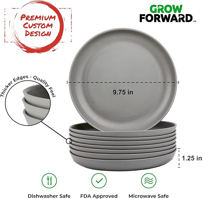 Grow Forward Premium Wheat Straw Plates - 10 Inch Reusable Hard Plastic Dinner Plates Set of 8 - Unbreakable Microwave Safe Plates for Dessert, Camping, RV, Outdoors, Patio, Kitchen Dishes - Feather