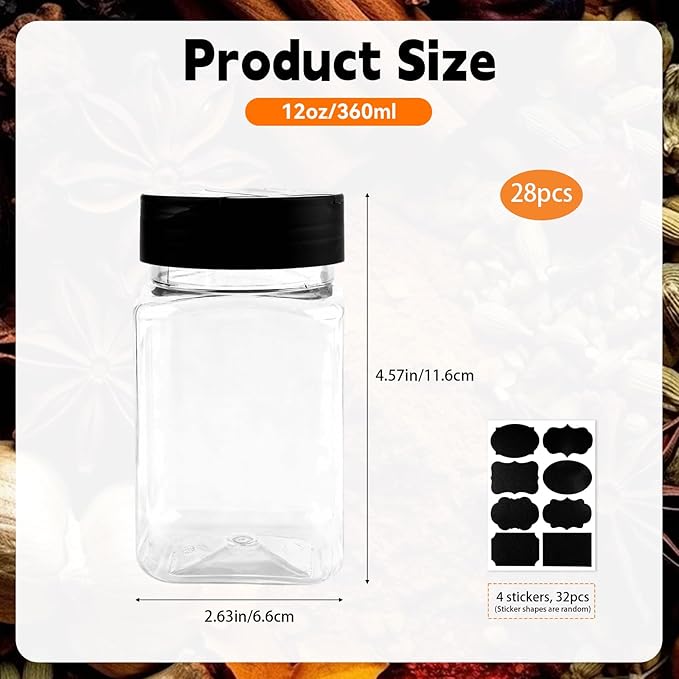 PineHaven 28 Pcs 12 oz Plastic Spice Jars with Black Cap,Square Plastic Bottle Containers with Lid and Stickers,Empty Seasoning Bottles Clear Spice Shaker for Storage Spices, Coffee, Tea, Herbs