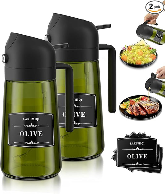 2 in 1 Oil Sprayer for Cooking, 16oz Olive Oil Dispenser Bottle for Kitchen, Food Grade Light-Blocking Leak Proof Glass Spray Bottle for Salad, Air Fryer, BBQ