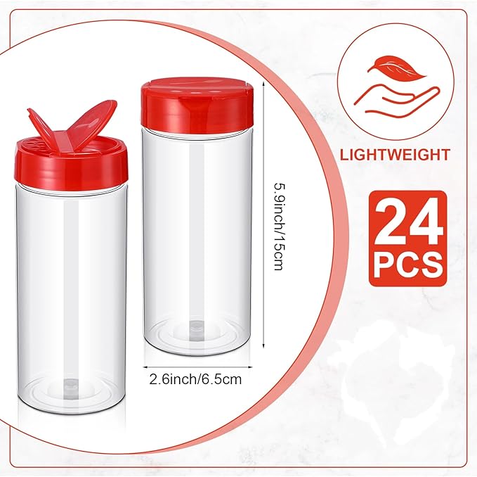 Zhehao 24 Pieces Plastic Spice Containers Plastic Spice Bottles Clear Reusable Large Empty Seasoning Jars with Shaker Lids for Kitchen Storage Seasoning Powder Herbs(16 oz,Cylinder,Clear and Red)
