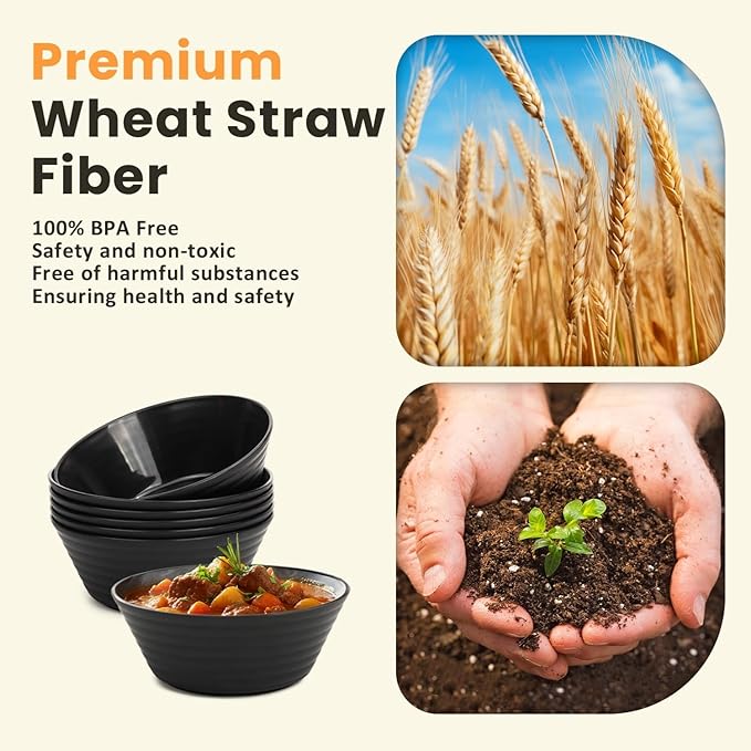 Homienly 6 PCS Large Bowl Set, Lightweight and Unbreakable Wheat Straw Bowls for Salad,Soup,Cereal, Microwave Safe 50 OZ Big Bowls Set, Stackable Kitchen Dining Essentials - Black