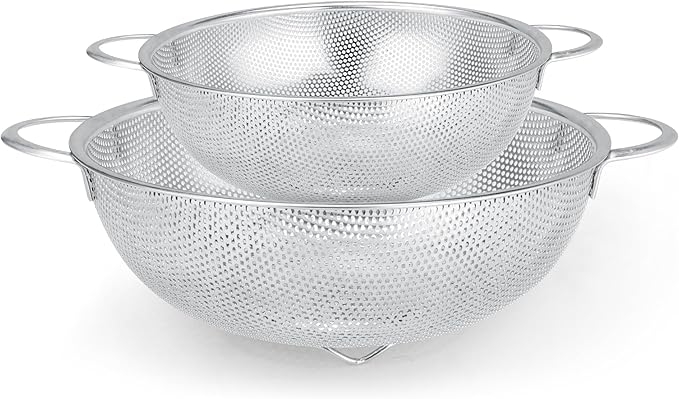 Stainless Steel Colander and Strainer Set(5-Quart and 3-Quart)，Metal Strainers with Base, Strainer for Kitchen Food, Dishwasher Safe