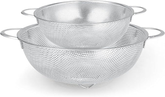 Stainless Steel Colander and Strainer Set(5-Quart and 3-Quart)，Metal Strainers with Base, Strainer for Kitchen Food, Dishwasher Safe