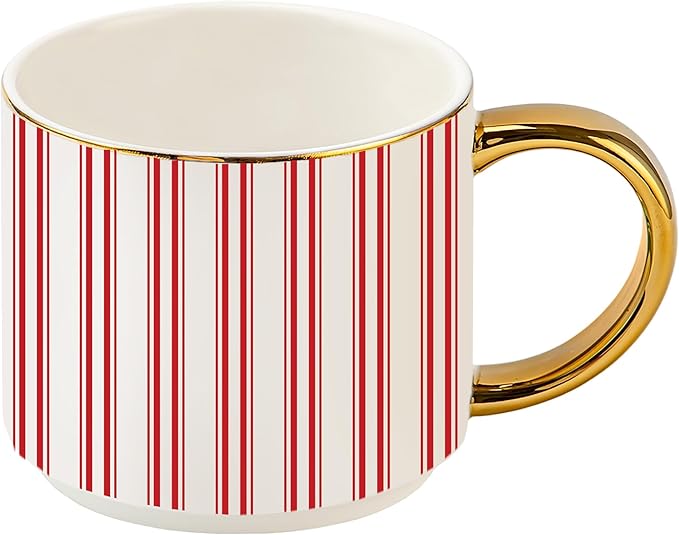 Sweet Water Decor Red Stripe Coffee Mug, 14oz China Christmas Mug with Gold Handle, Large Holiday Winter Cup for Coffee, Tea & Hot Chocolate, Stocking Stuffer Gifts for Women