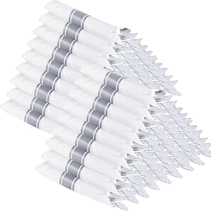 Supernal 100 Pack Silver Plastic Silverware Pre Rolled Silverware Set Disposable Cutlery Set Includes 100 Forks,100 Spoons,100 Knives and 100 Napkins,Plastic Utensils for Party,Wedding,Birthday