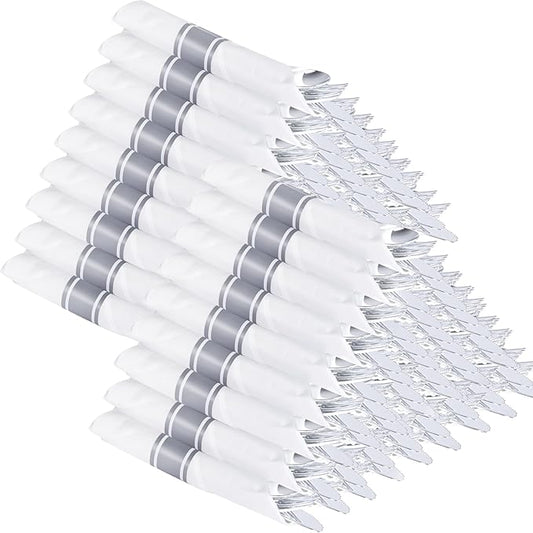 Supernal 100 Pack Silver Plastic Silverware Pre Rolled Silverware Set Disposable Cutlery Set Includes 100 Forks,100 Spoons,100 Knives and 100 Napkins,Plastic Utensils for Party,Wedding,Birthday
