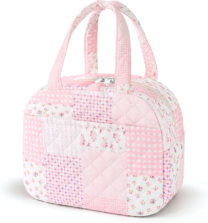 Quilted Lunch Box for Women,Coquette Aesthetic Lunch Box for Teen Girls,Cute Pink Patchwork Lunch Bags for Work, School,Office,Picnic,Travel (Pink Patchwork)