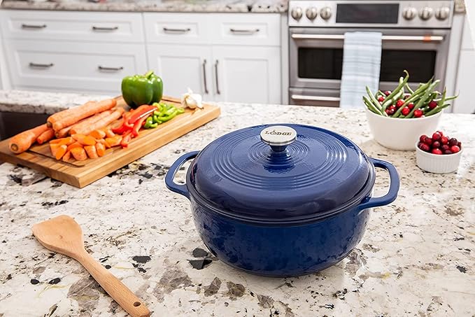 Lodge Essential Enamel Cast Iron Dutch Oven with Lid - Oven-Safe Enamel Cookware up to 500° F - Heat-Retaining Braising & Roasting Pot - Non-Toxic Cookware - 7.5 Quart, Indigo